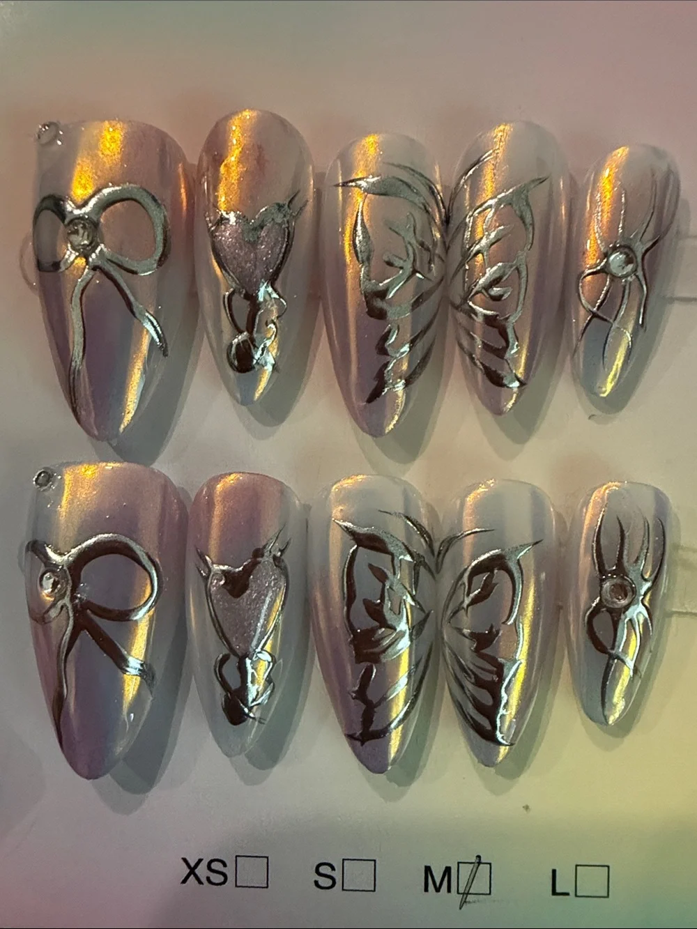Women’s Iridescent Pink press on Nail Art Tips with Silver Accents